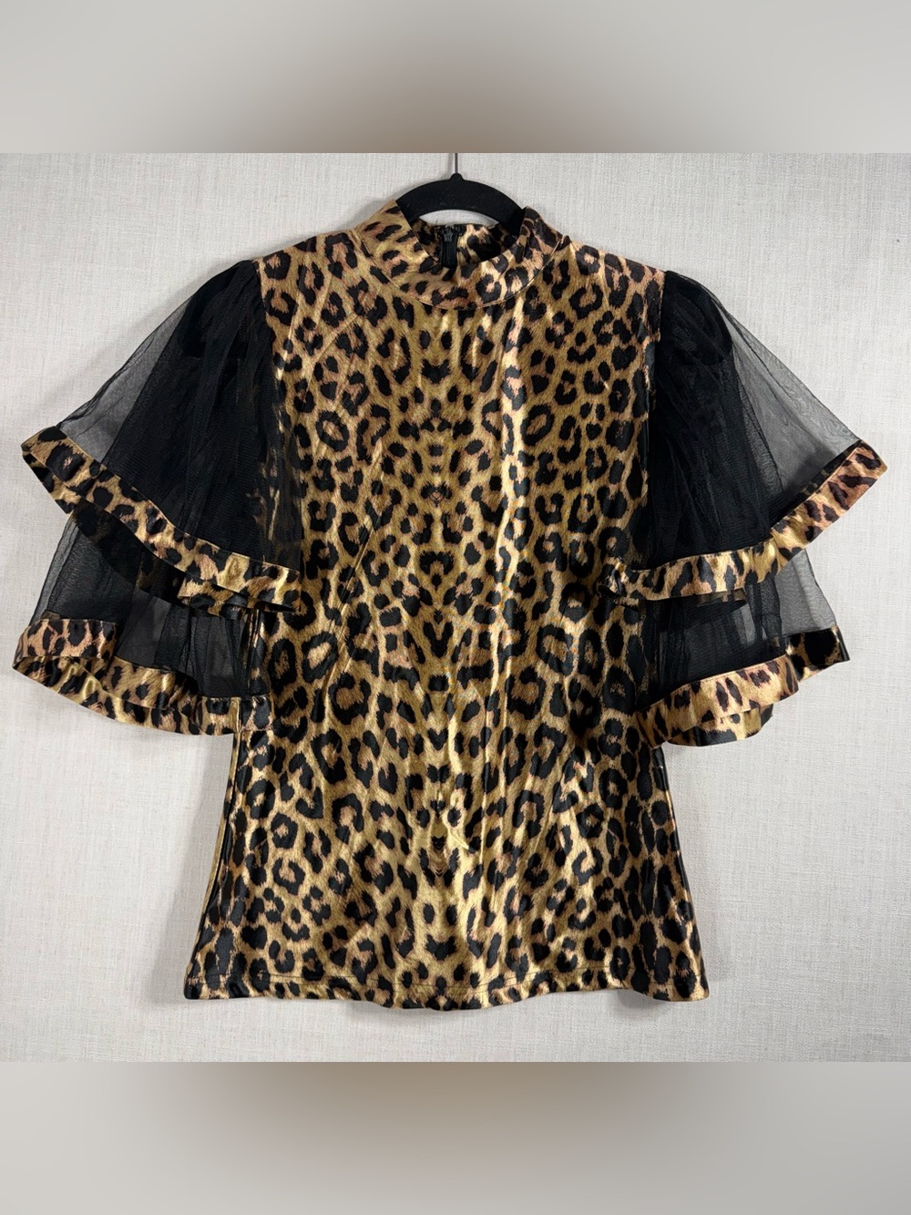 Girls Leopard Velvet Dress with Black Tulle Ruffle Sleeves